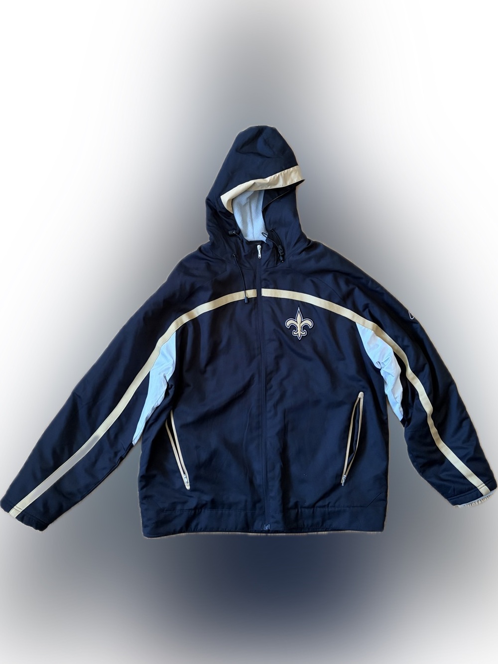 Official NFL Saints Reebok Hooded Windbreaker Jacket with Gold Trim Vintage